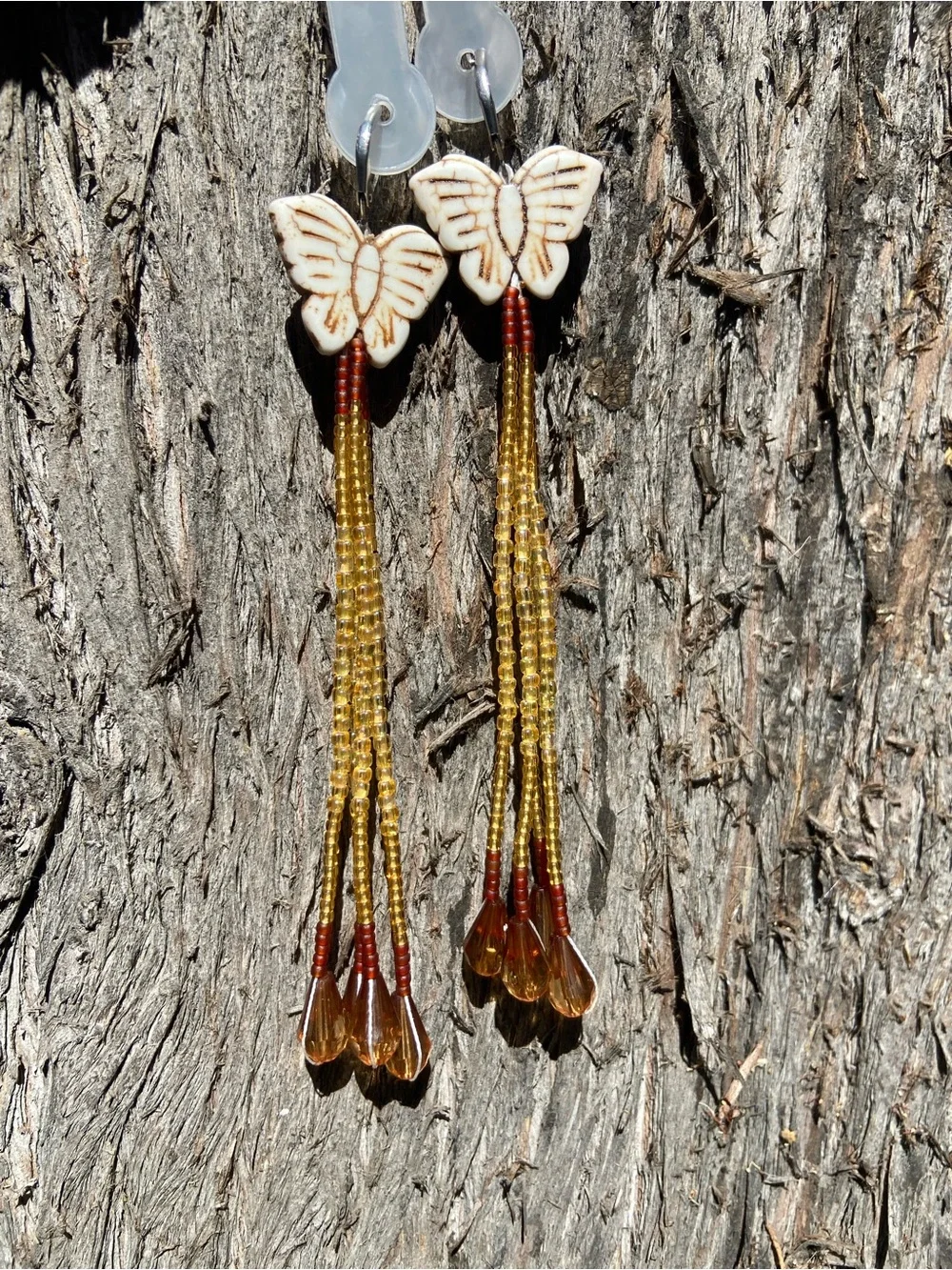 Butterfly Bead Tassel Earrings - Gold and Amber
